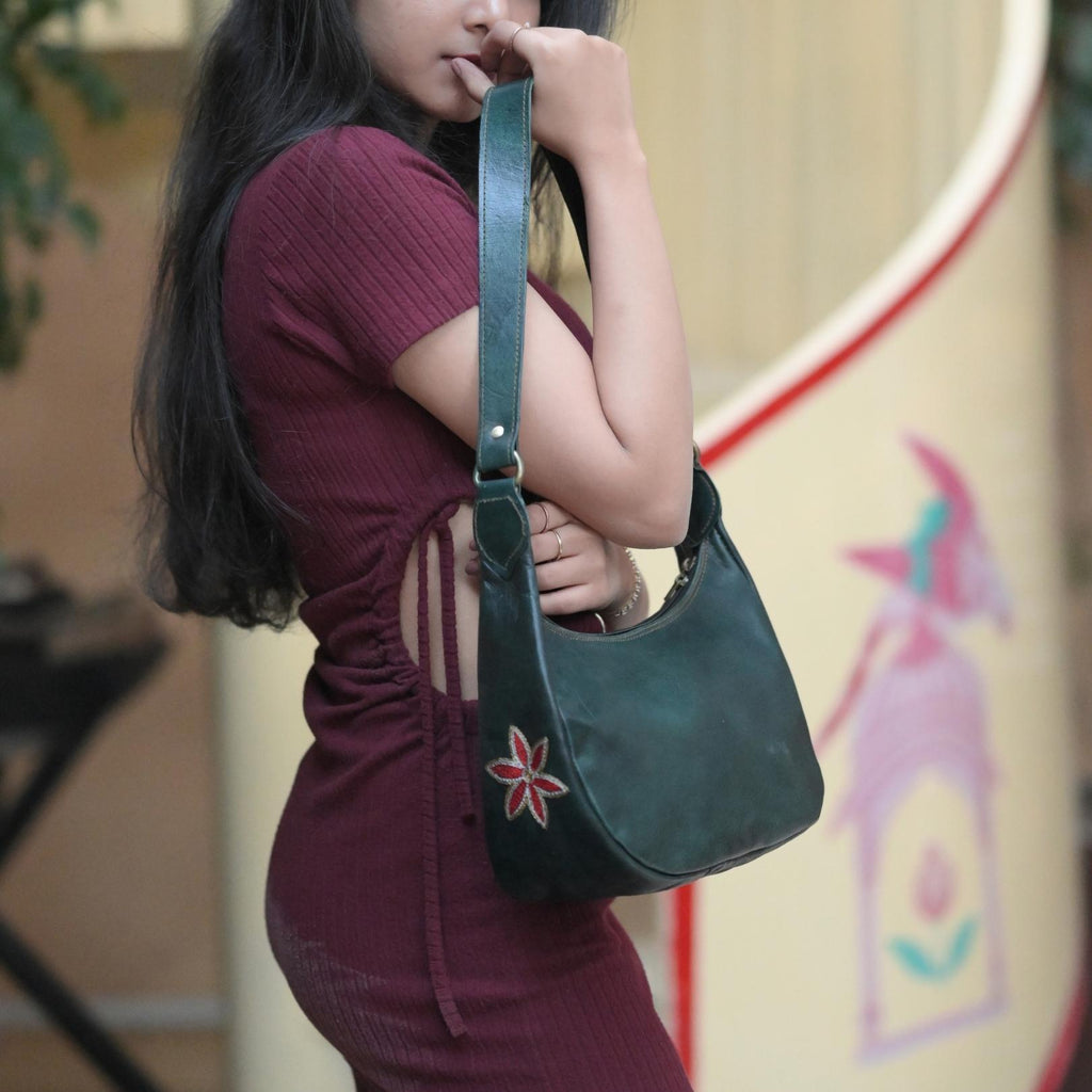 Dark olive leather shoulder bag for women