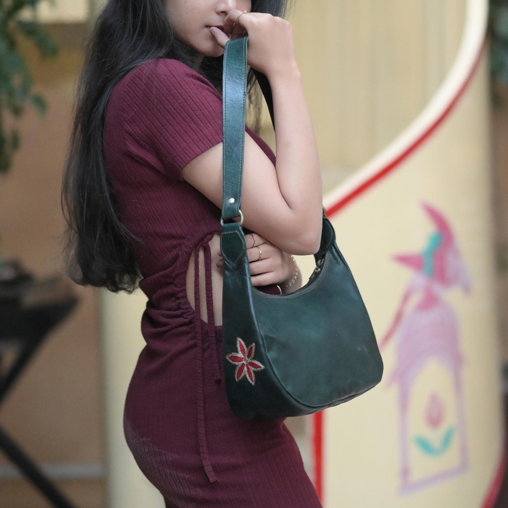 Dark olive leather shoulder bag for women