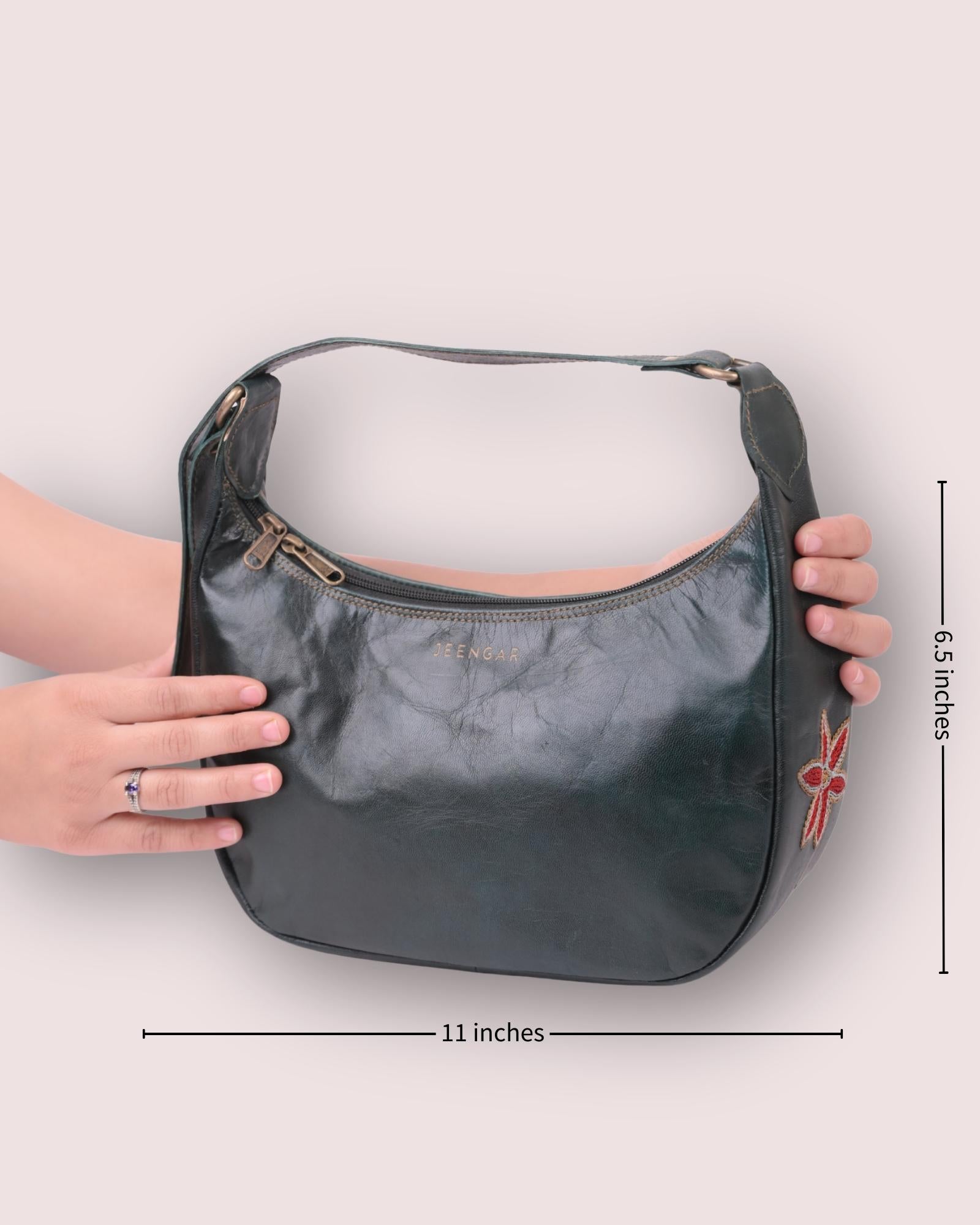 Green olive real leather shoulder bag for stylish ladies