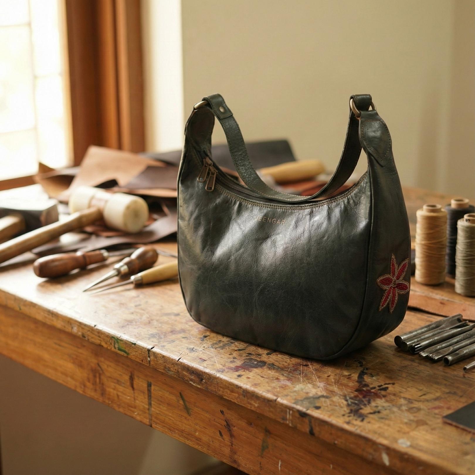 Dark olive leather shoulder bag for women