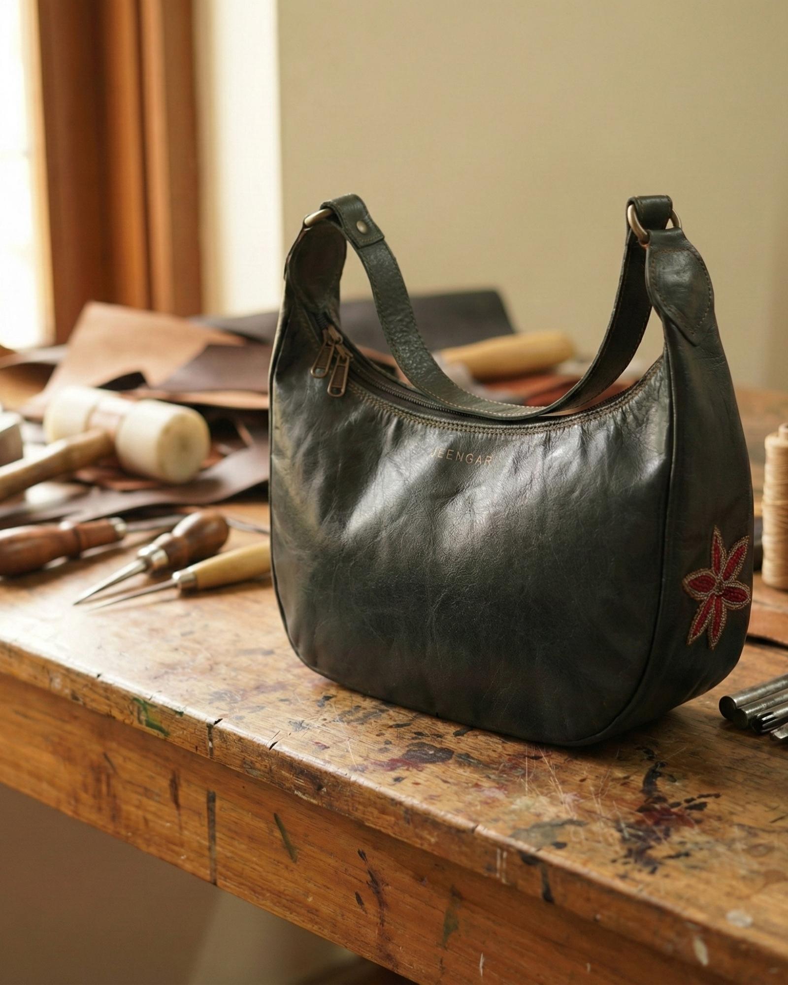 Green olive real leather shoulder bag for stylish ladies