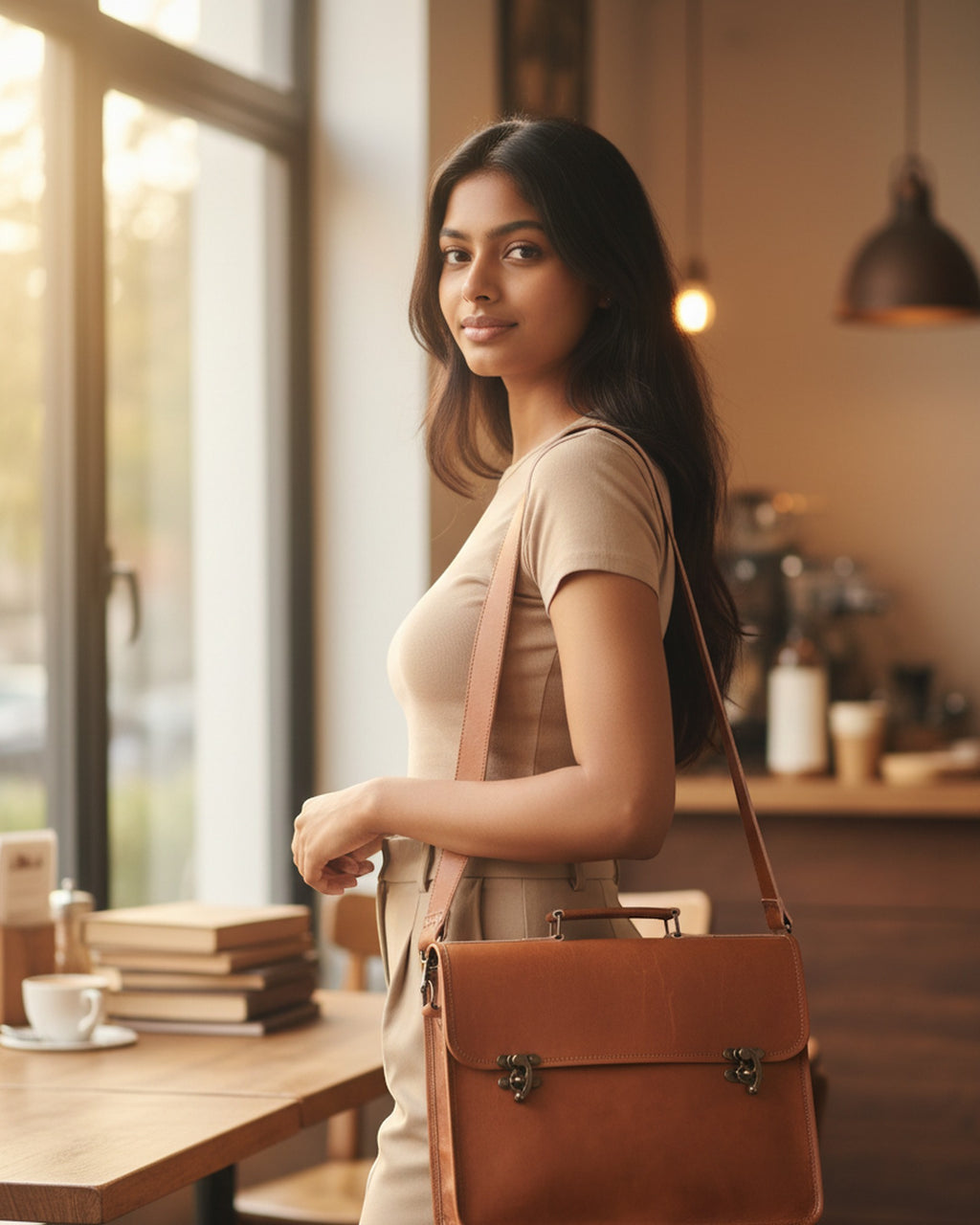 The Ajmer Laptop Bag, Twist-Lock style — worn cross-body