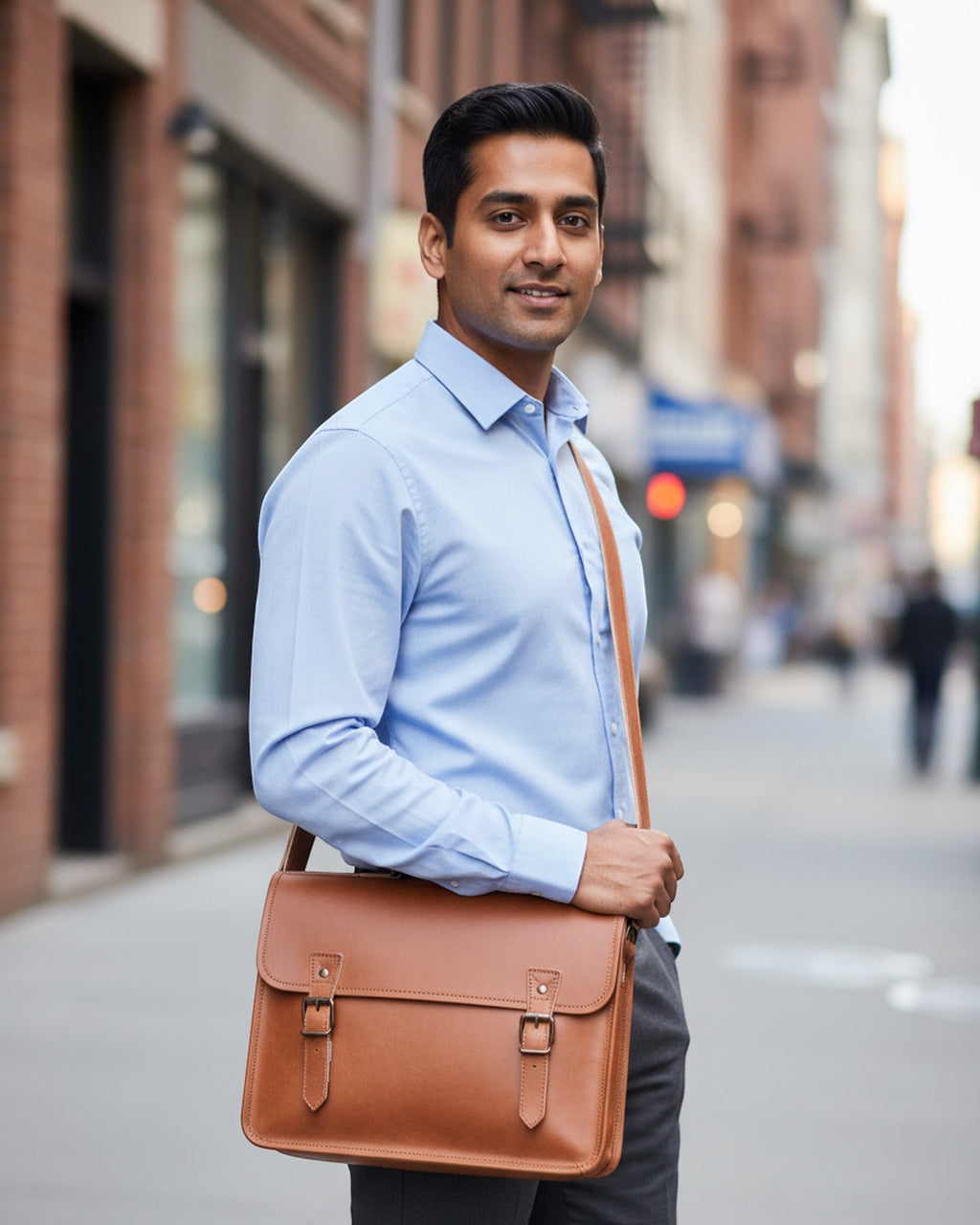 The Ajmer Laptop Bag, Twist-Lock style — carried by a professional on a city street