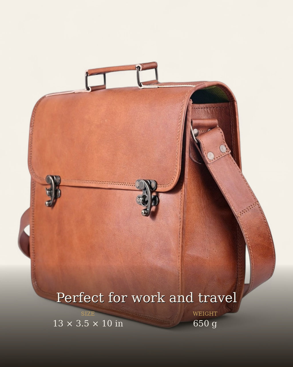 The Ajmer Laptop Bag, Twist-Lock style — three-quarter view with size and weight
