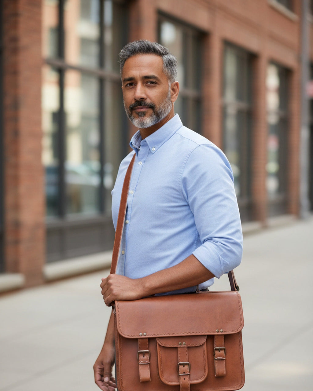 Man wearing The Mewad Messenger cross-body on a city street