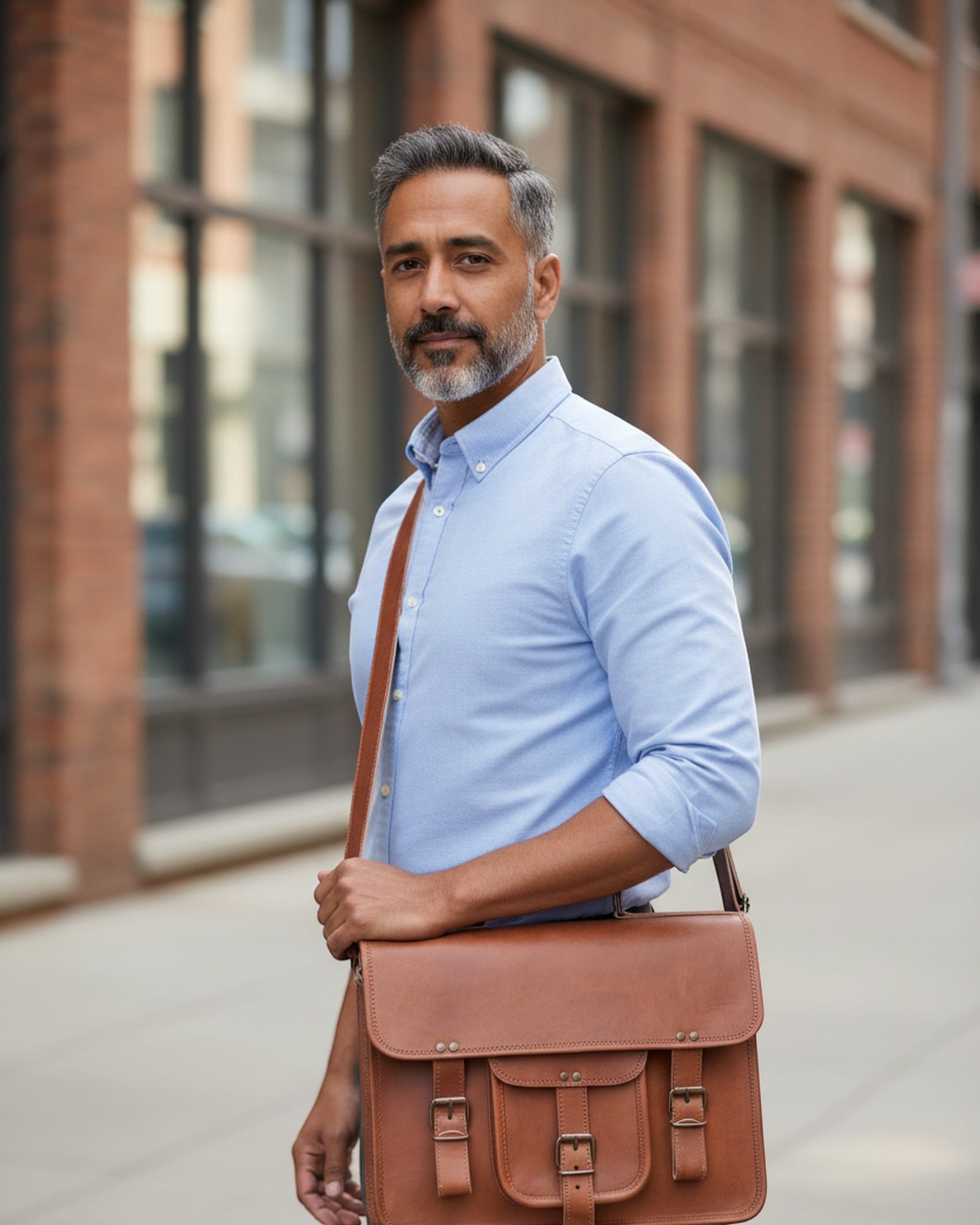 Man wearing The Mewad Messenger cross-body on a city street