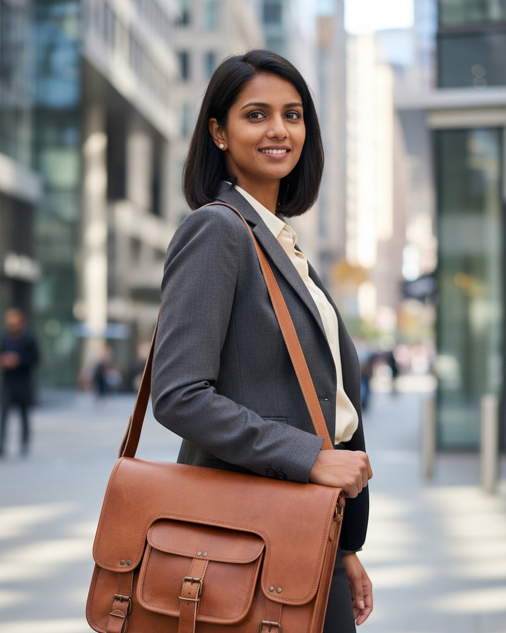 Woman wearing The Kota Laptop Bag cross-body in a business district