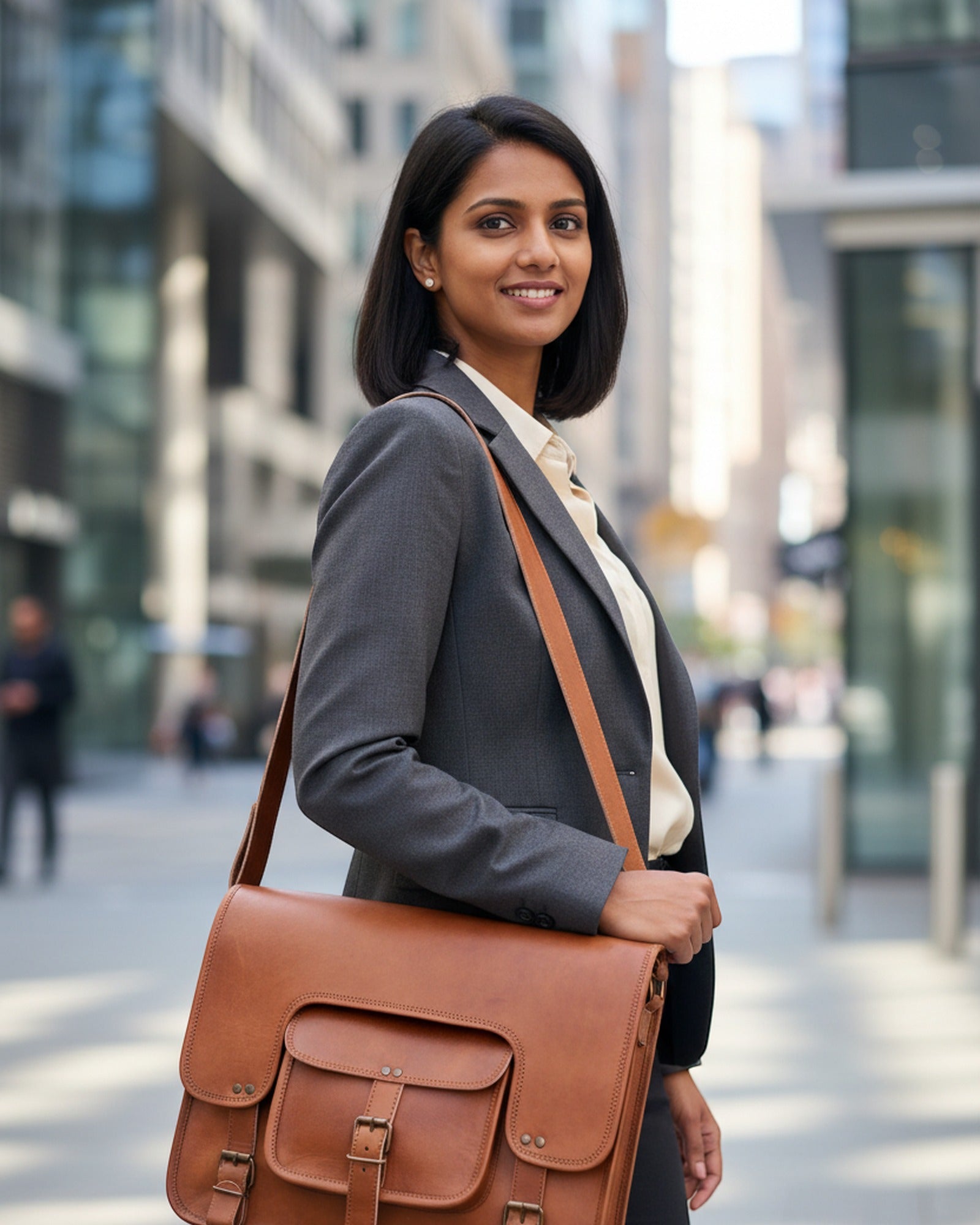 Woman wearing The Kota Laptop Bag cross-body in a business district