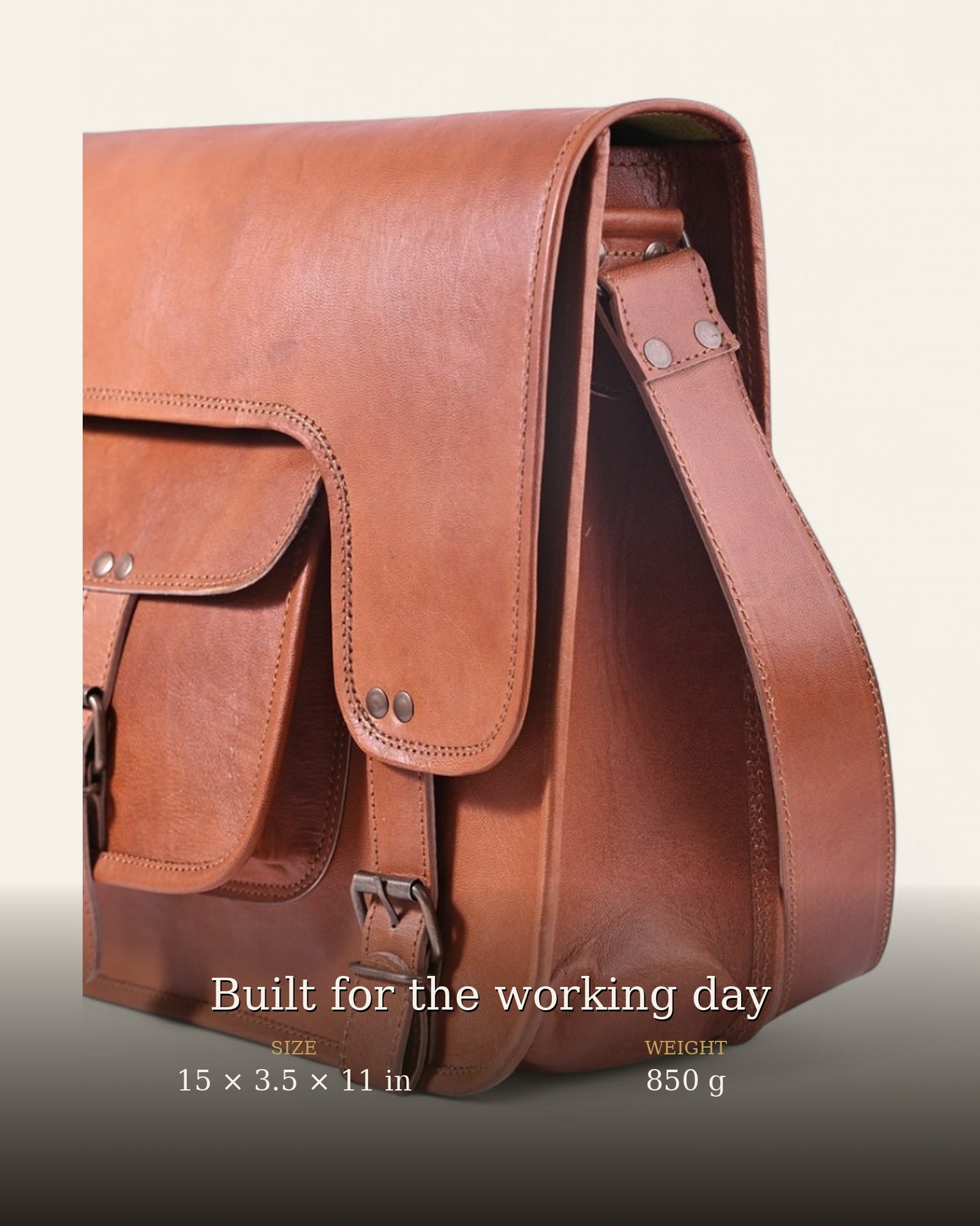 The Kota Laptop Bag at a three-quarter angle with size details