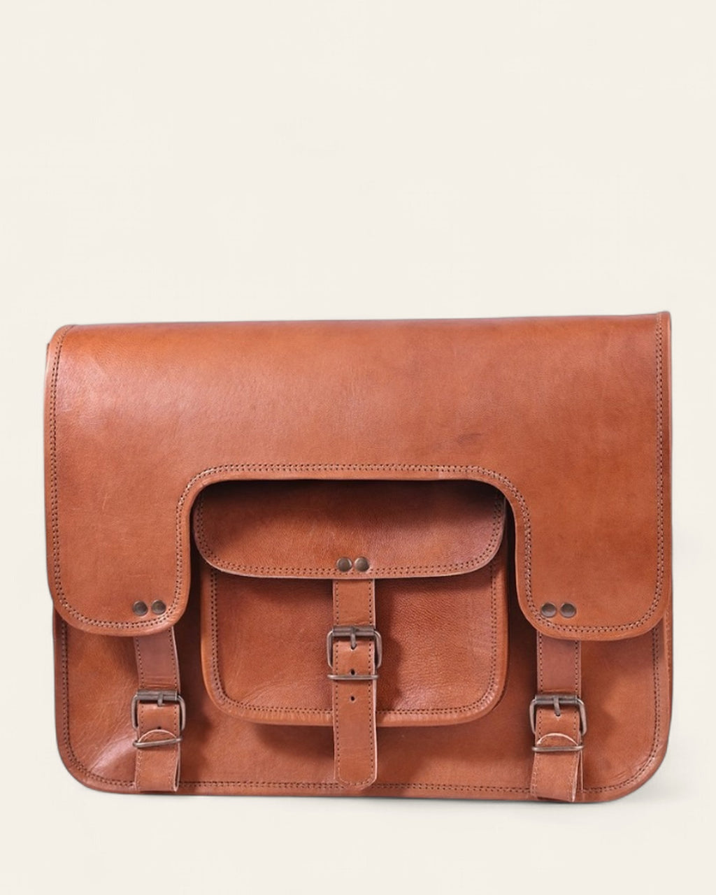 Front pocket and buckle detail of The Kota Laptop Bag