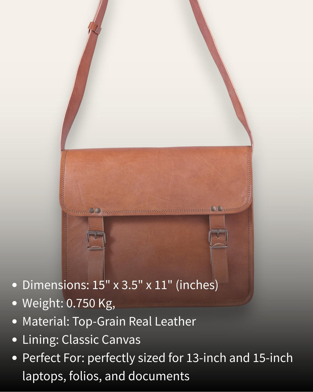 The Umaid Briefcase, a 15-inch handcrafted tan goat leather laptop bag with a no top handle and dual brass clasps by Jeengar.