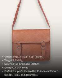 The Umaid Briefcase, a 15-inch handcrafted tan goat leather laptop bag with a no top handle and dual brass clasps by Jeengar.