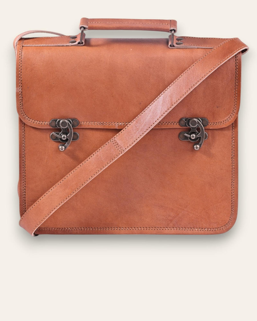 A real leather tan color briefcase, handmade in rajasthan india