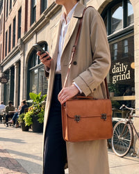 A real leather tan color briefcase, handmade in rajasthan india