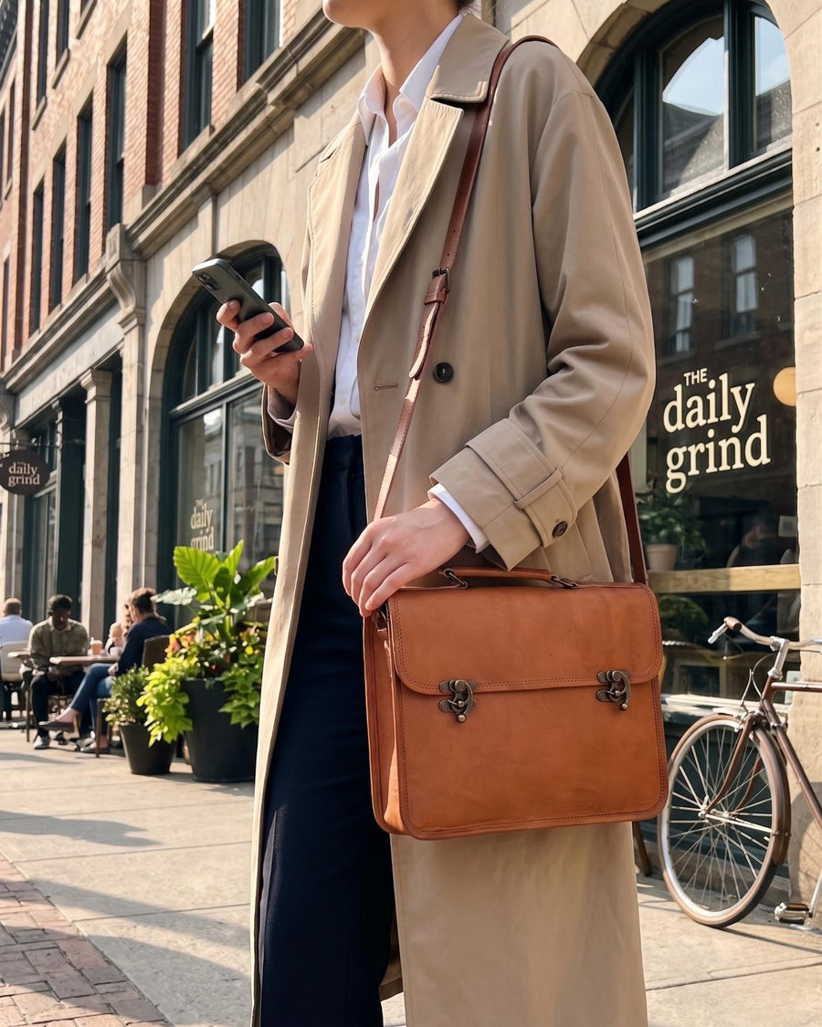 A real leather tan color briefcase, handmade in rajasthan india