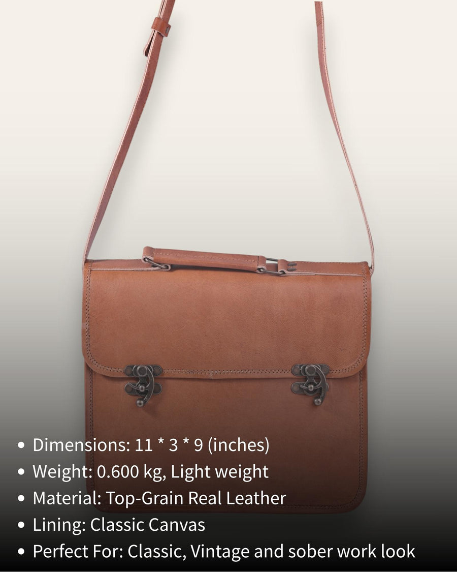 A real leather tan color briefcase, handmade in rajasthan india
