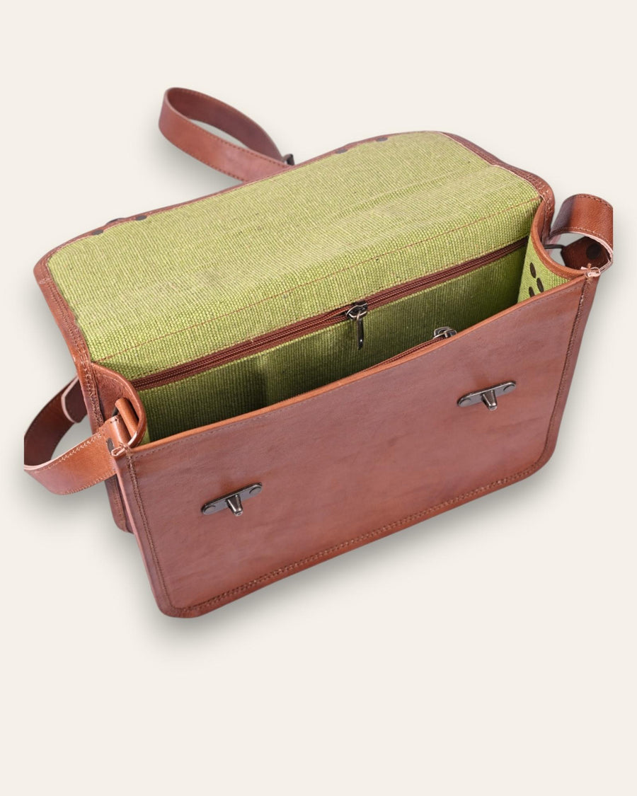A real leather tan color briefcase, handmade in rajasthan india