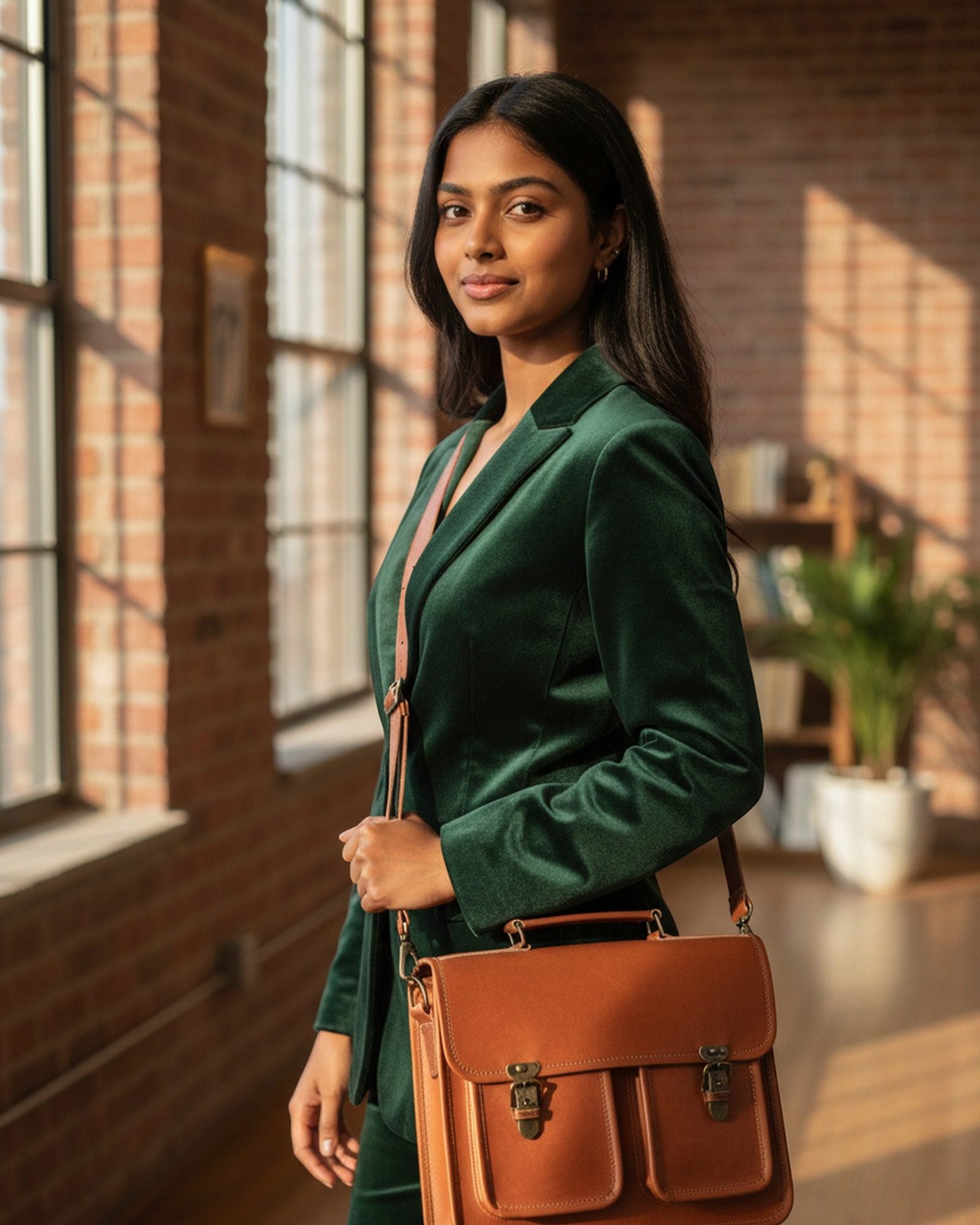 A woman wearing The Neemrana Twist-Lock Messenger crossbody — natural-brown leather messenger