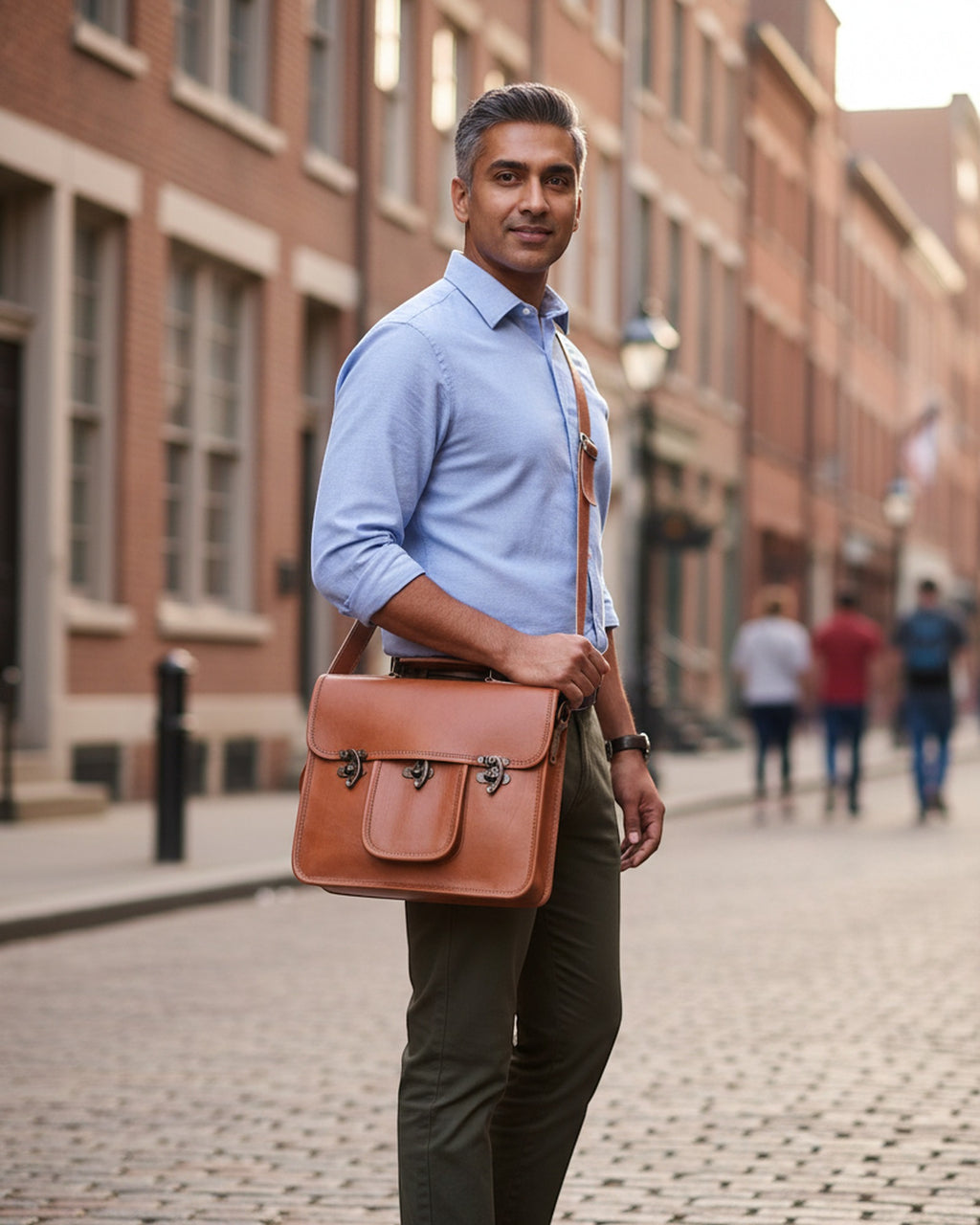 A man wearing The Neemrana Twist-Lock Messenger crossbody — natural-brown leather messenger