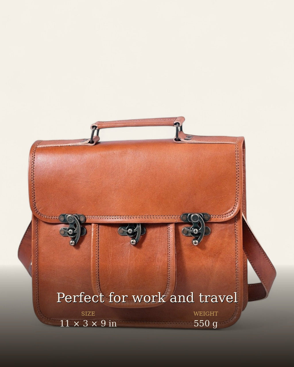 The Neemrana Twist-Lock Messenger — 11 × 3 × 9 in leather messenger, sized for an iPad and journal