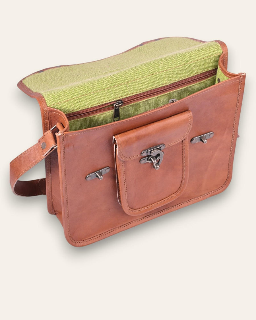 A real leather messenger bag with a pocket. Can fit an ipad.