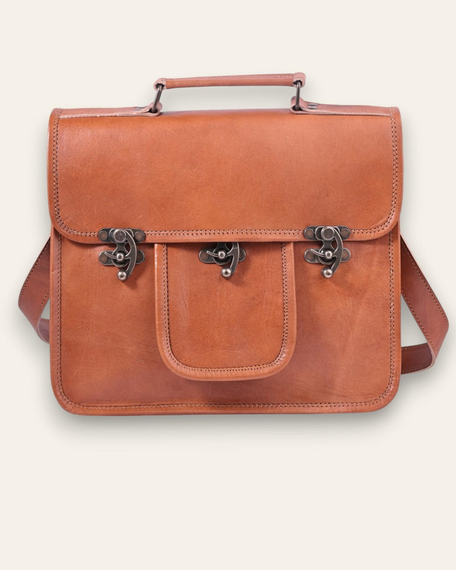 A real leather messenger bag with a pocket. Can fit an ipad.