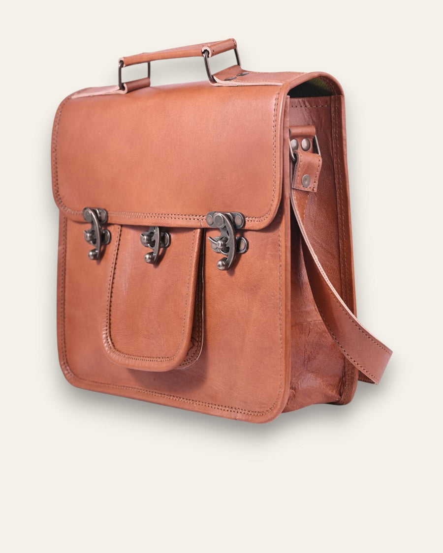 A real leather messenger bag with a pocket. Can fit an ipad.