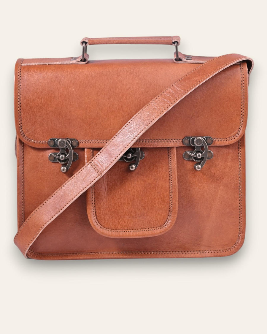 A real leather messenger bag with a pocket. Can fit an ipad.