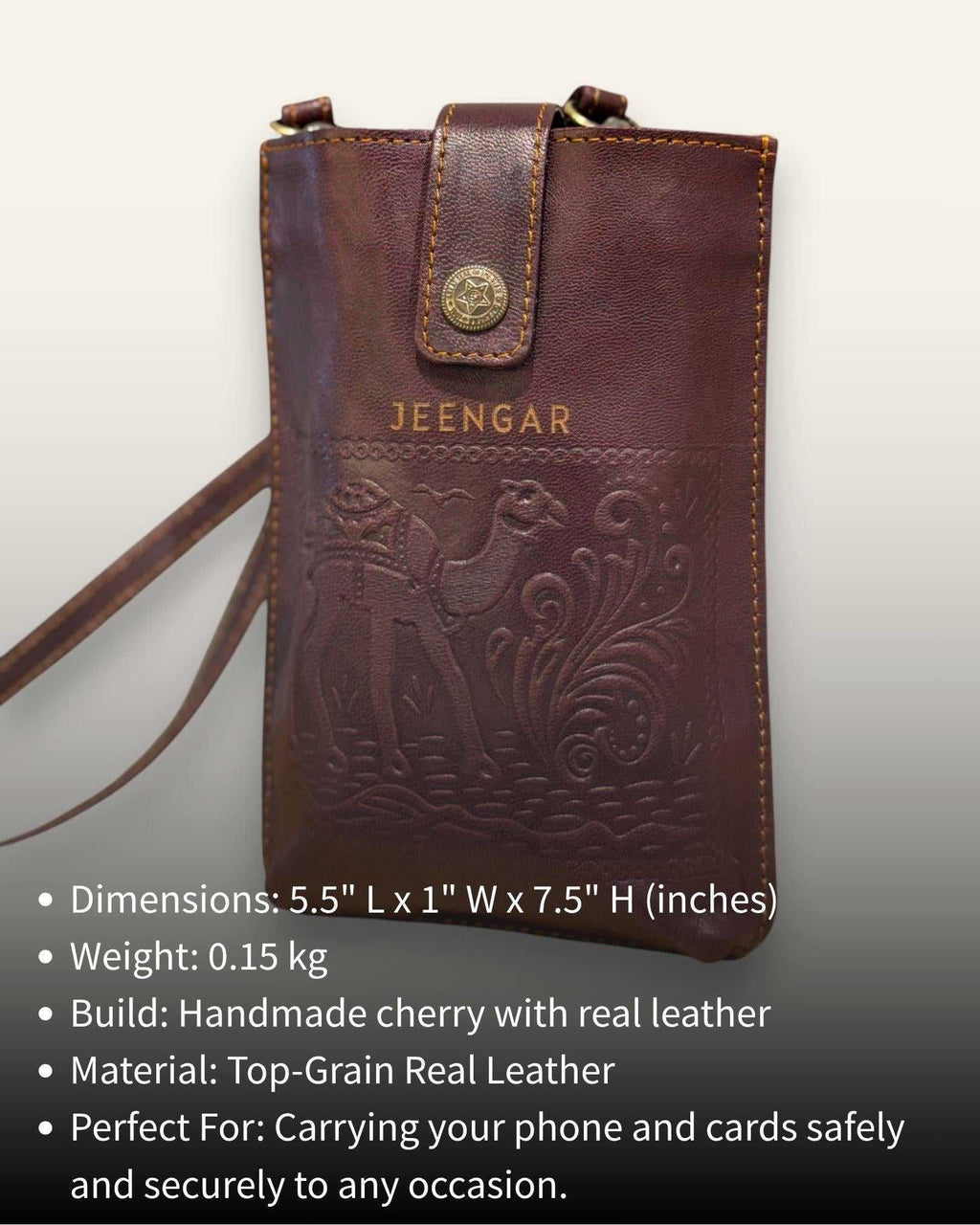 The Osian Mobile Sling — size and dimension details of the embossed cherry leather phone bag