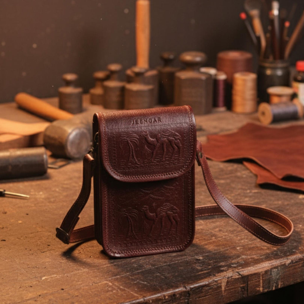 Cherry color handmade mobile leather sling bag. 