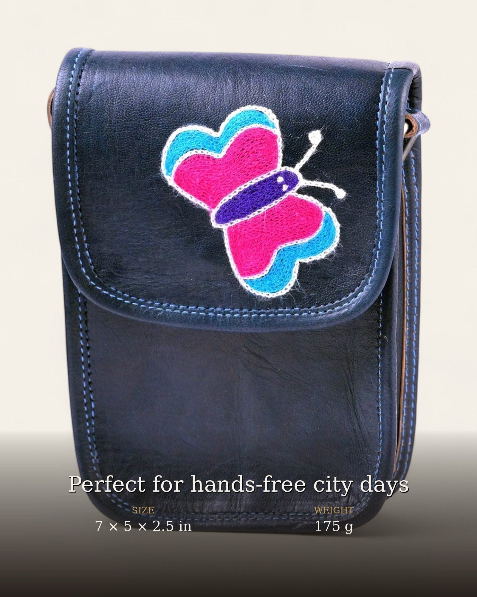 The Nagaur Kashidakari Sling — hand-embroidered navy leather mobile sling, 7 × 5 × 2.5 in