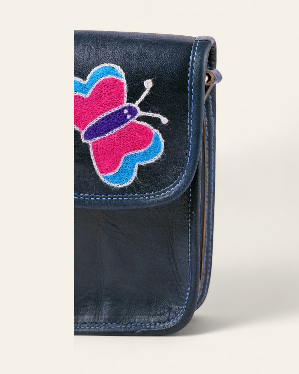 The Nagaur Kashidakari Sling, three-quarter view of the hand-embroidered Kashidakari butterfly