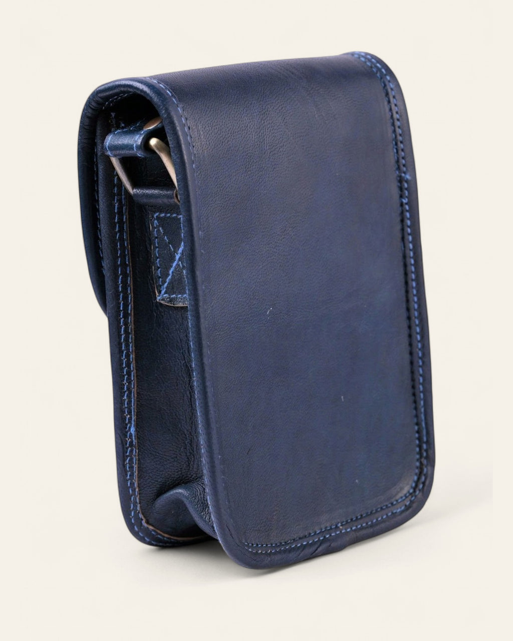 The Nagaur Kashidakari Sling, back view in navy certified real leather