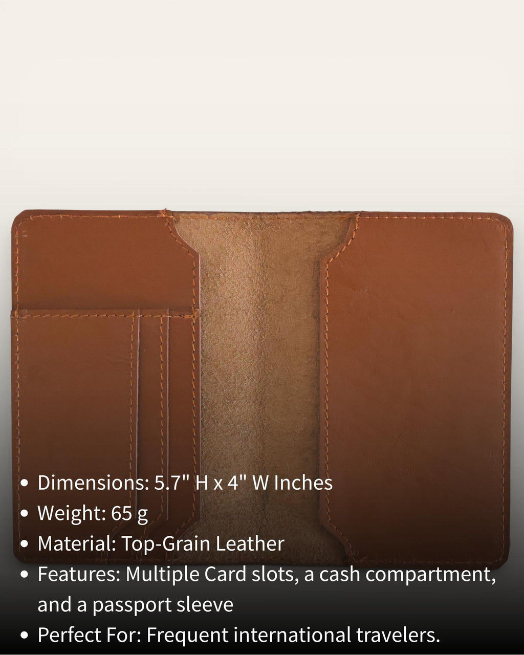 A real leather passport holder in brown color with multiple card slots and a cash slot