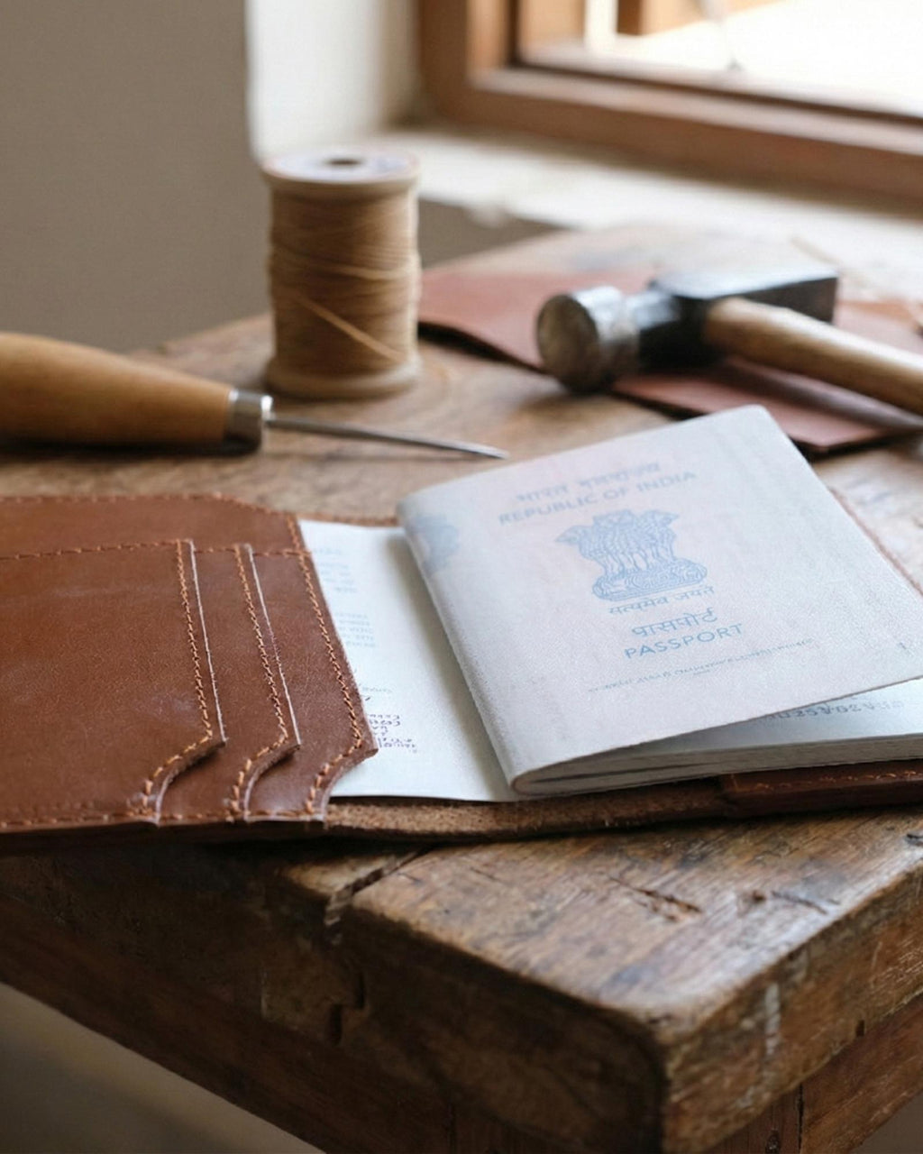 A real leather passport holder in brown color with multiple card slots and a cash slot