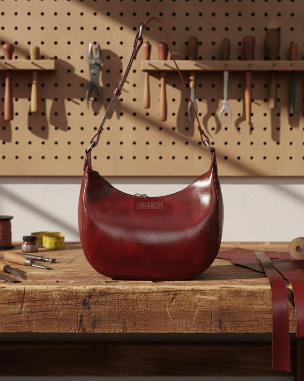 A red glossy real leather bag, it's hand stitched and made with real leather