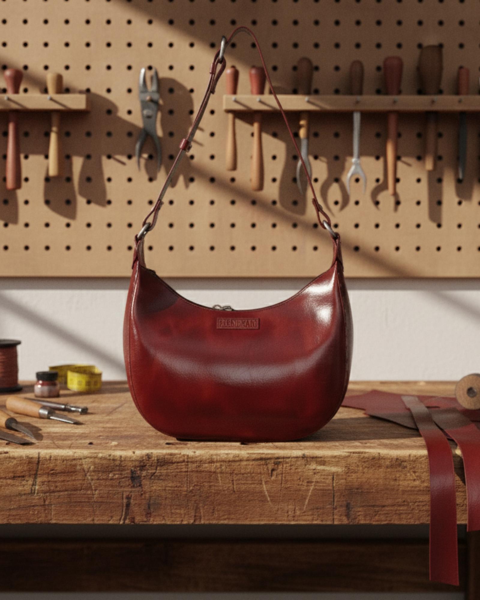 A red glossy real leather bag, it's hand stitched and made with real leather