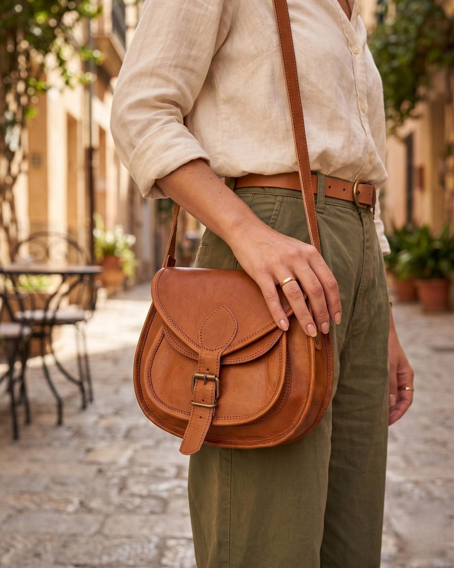 A real leather brown tan sling saddle bag for women and men