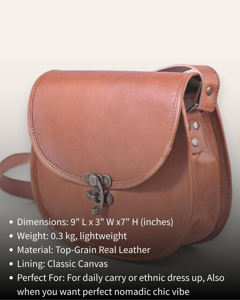 The Udaipur Saddle Bag — size and dimension details of the goat leather sling bag