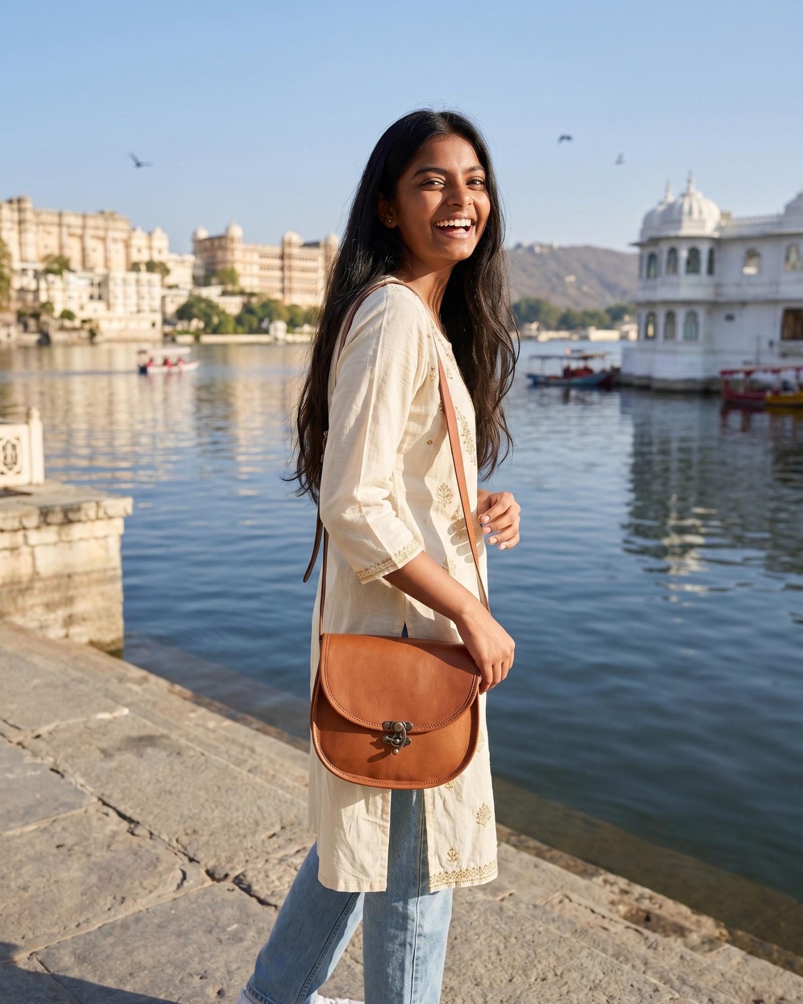 A real goat leather sling bag made in rajasthan