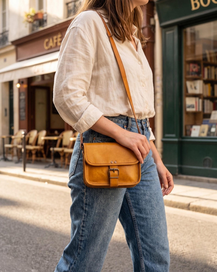 A mini real leather bag in tan color