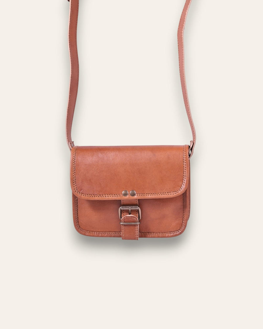 A mini real leather bag in tan color