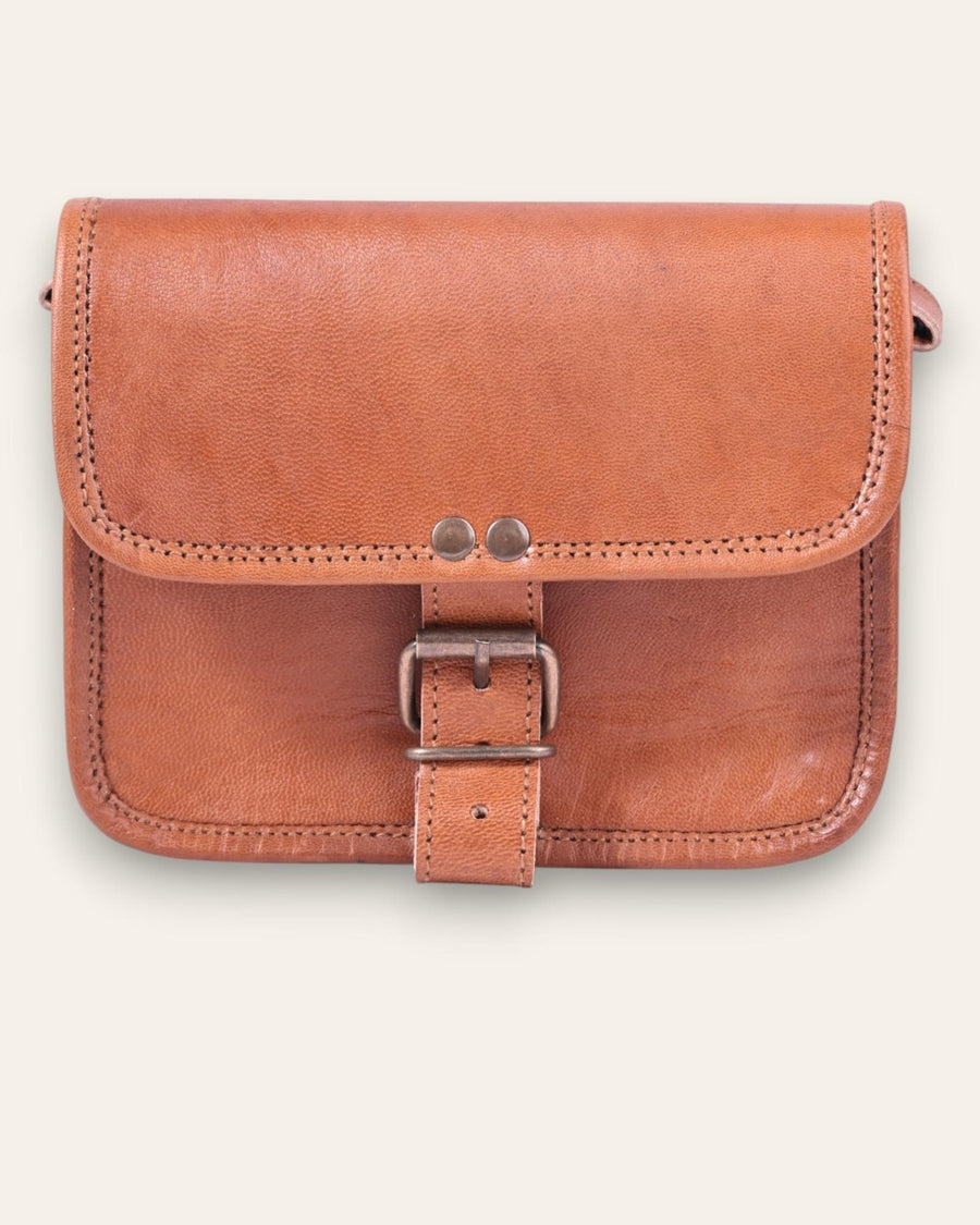 A mini real leather bag in tan color